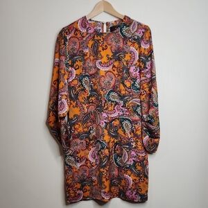 Retro Print Orange and Pink Long Sleeve Mini Dress Women Size M